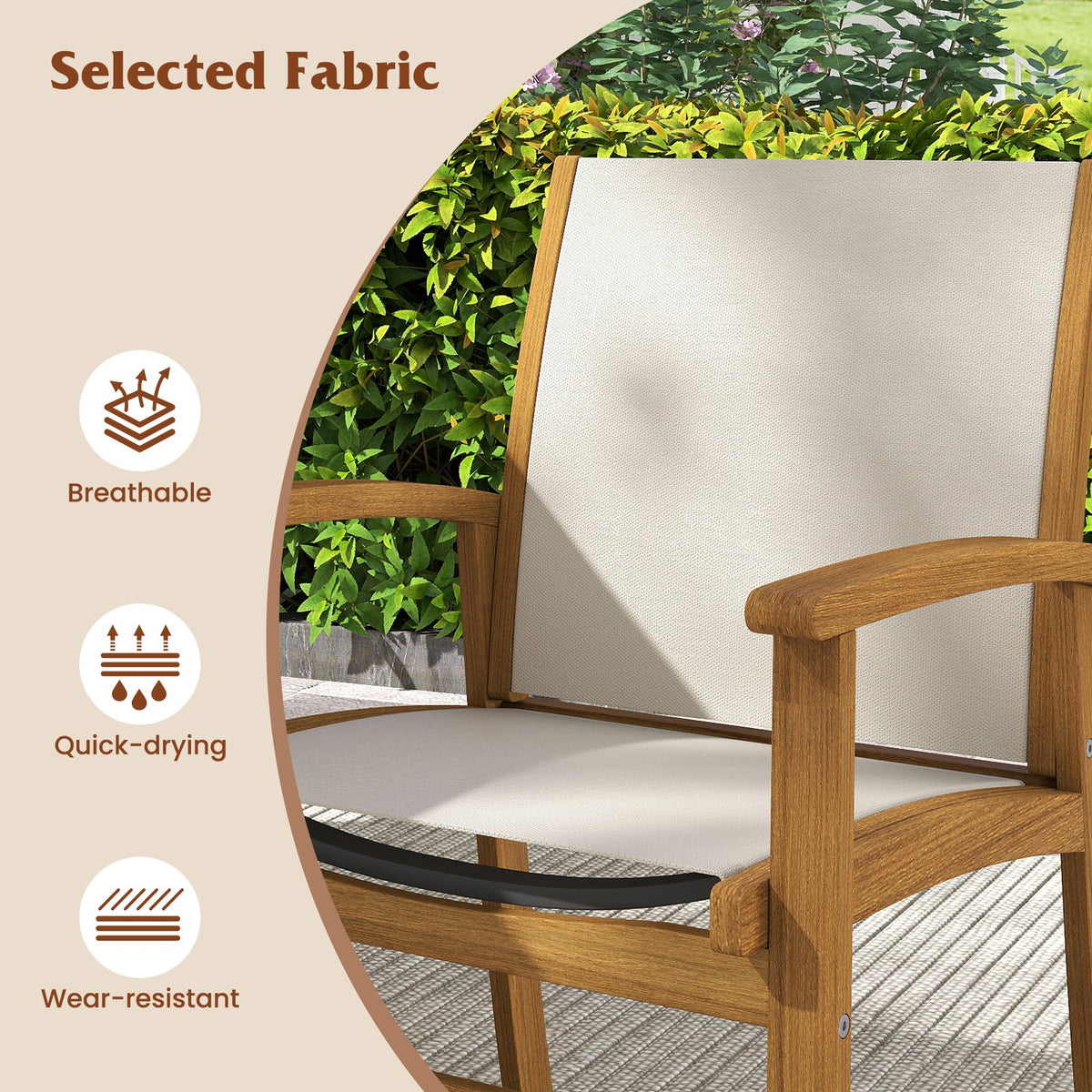 Patio Chairs Set of 2 Acacia Wood Armchairs with Breathable Fabric Back and Seat-Yellow view 5