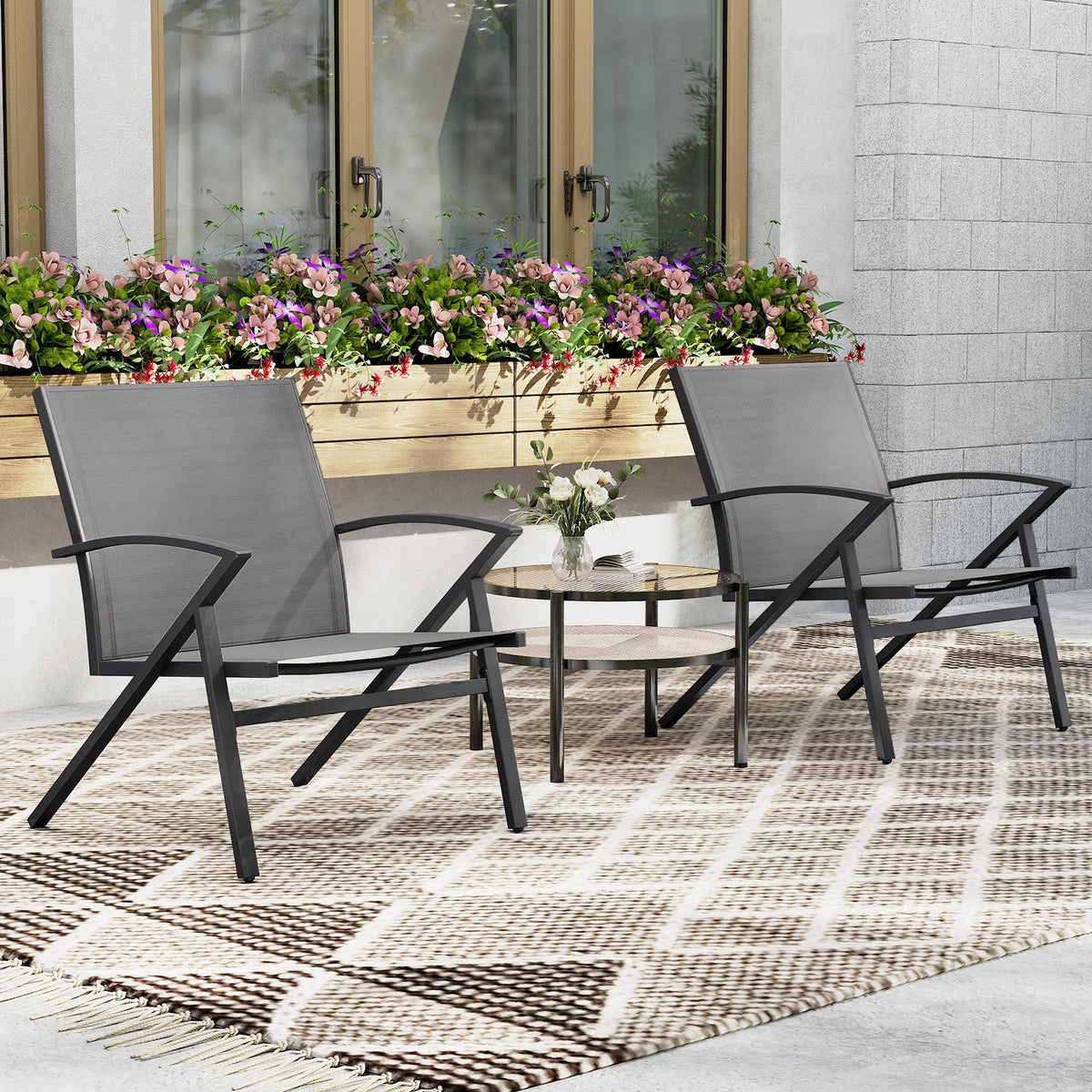 Patio Chairs Set of 2 Lawn Chairs with Heavy Duty Metal Frame-Grey view 2