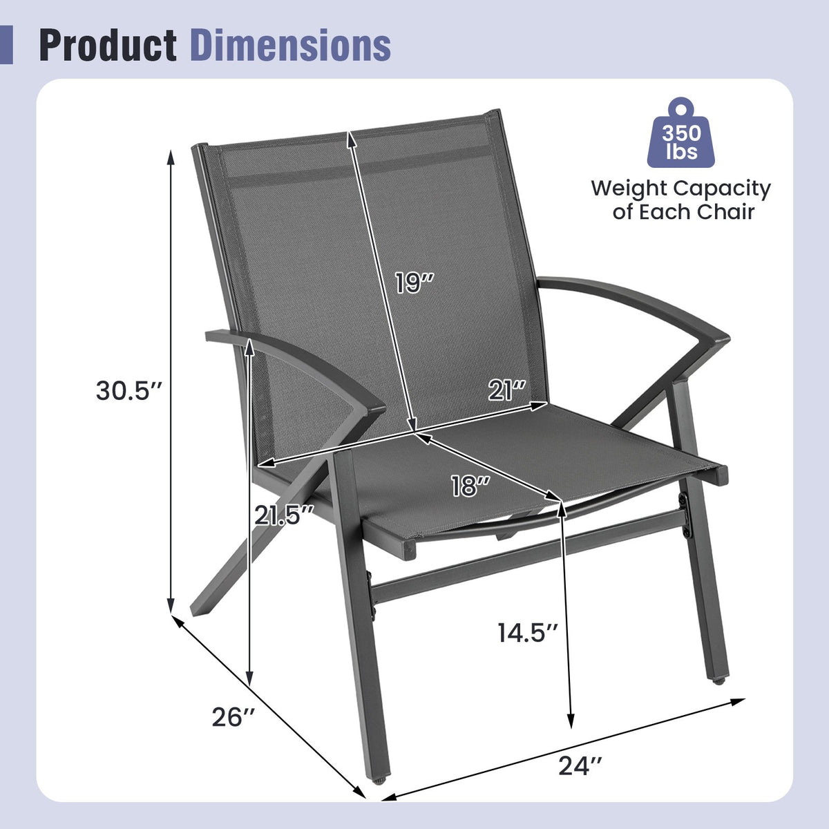 Patio Chairs Set of 2 Lawn Chairs with Heavy Duty Metal Frame-Grey view 4