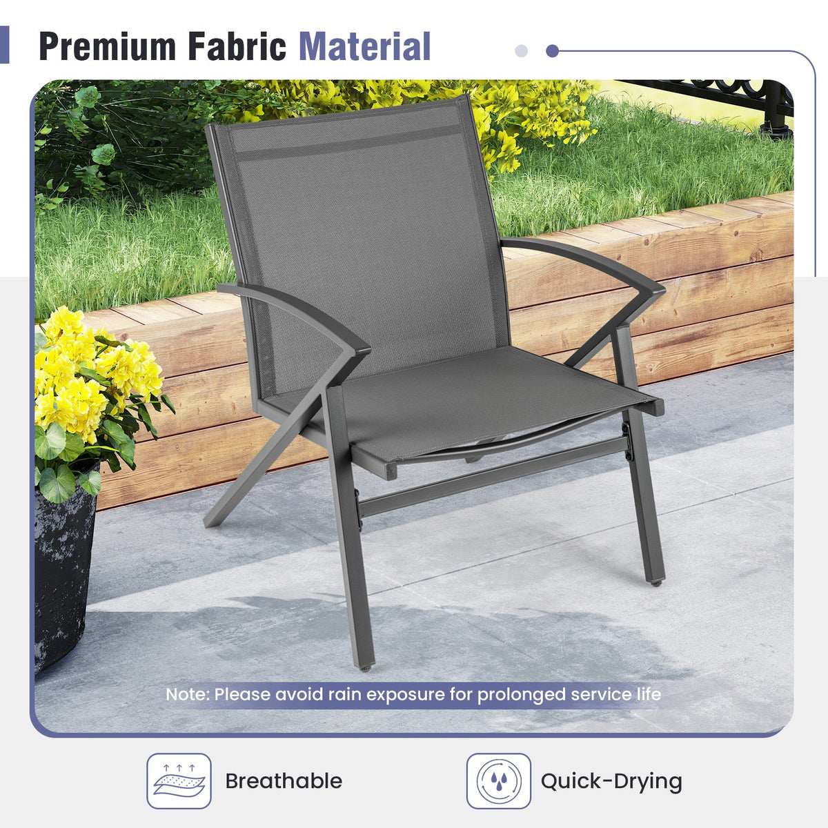 Patio Chairs Set of 2 Lawn Chairs with Heavy Duty Metal Frame-Grey view 6