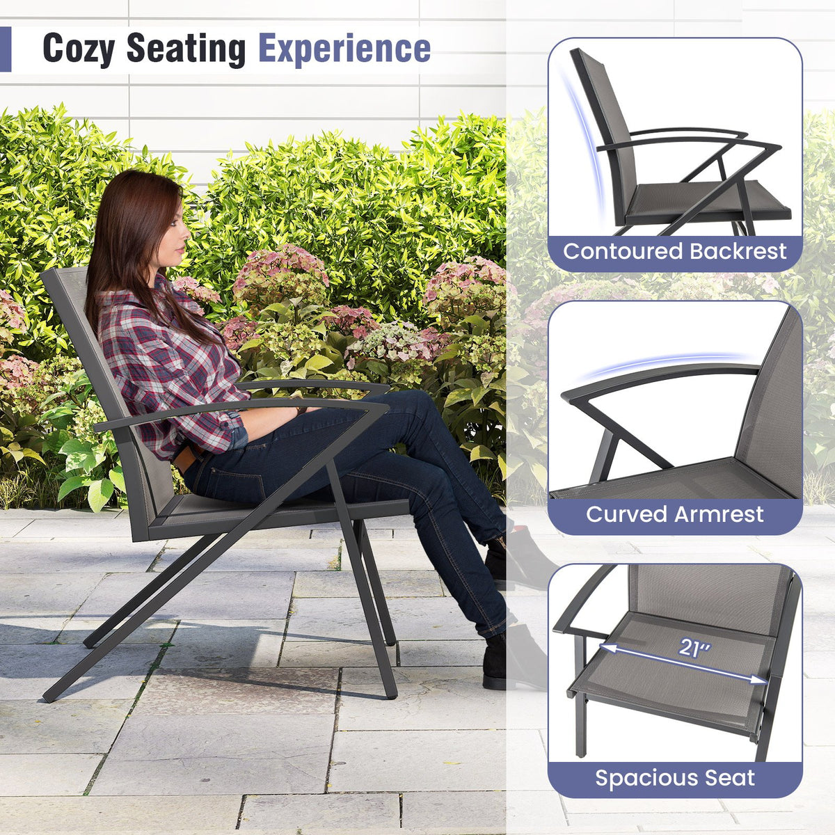 Patio Chairs Set of 2 Lawn Chairs with Heavy Duty Metal Frame-Grey view 7