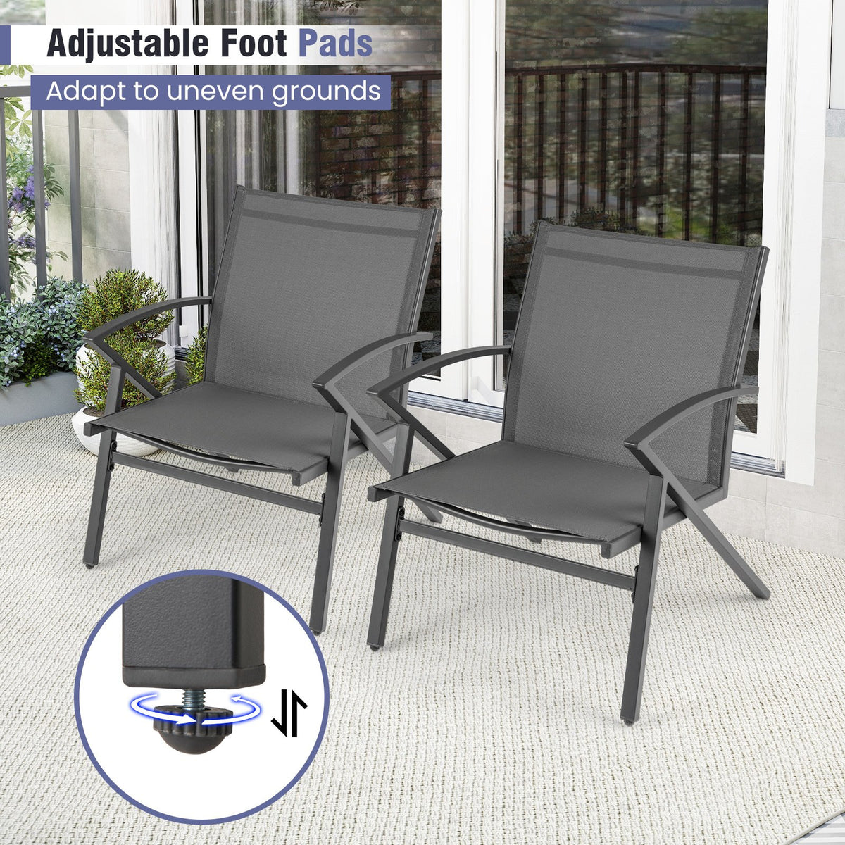 Patio Chairs Set of 2 Lawn Chairs with Heavy Duty Metal Frame-Grey view 9