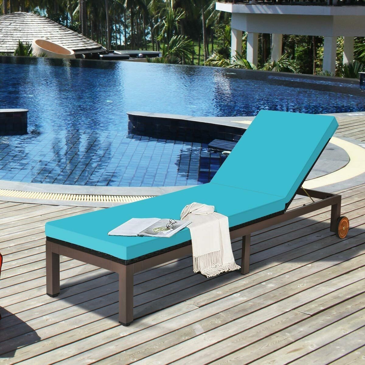 Patio Chaise Lounge Chair Outdoor Rattan Lounger Recliner Chair-Turquoise view 2