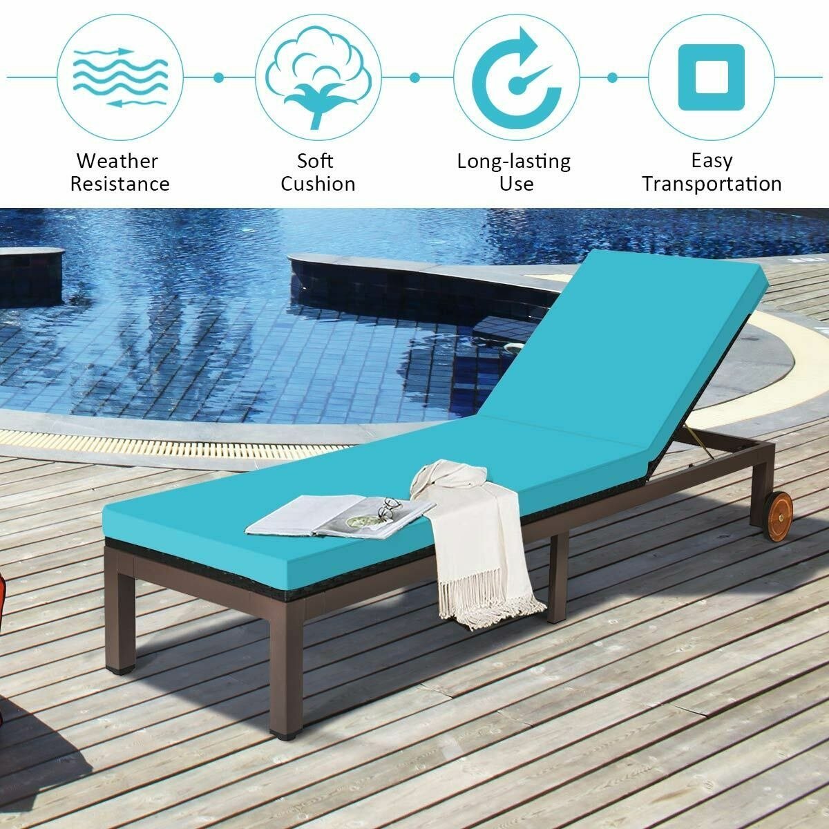 Patio Chaise Lounge Chair Outdoor Rattan Lounger Recliner Chair-Turquoise view 3
