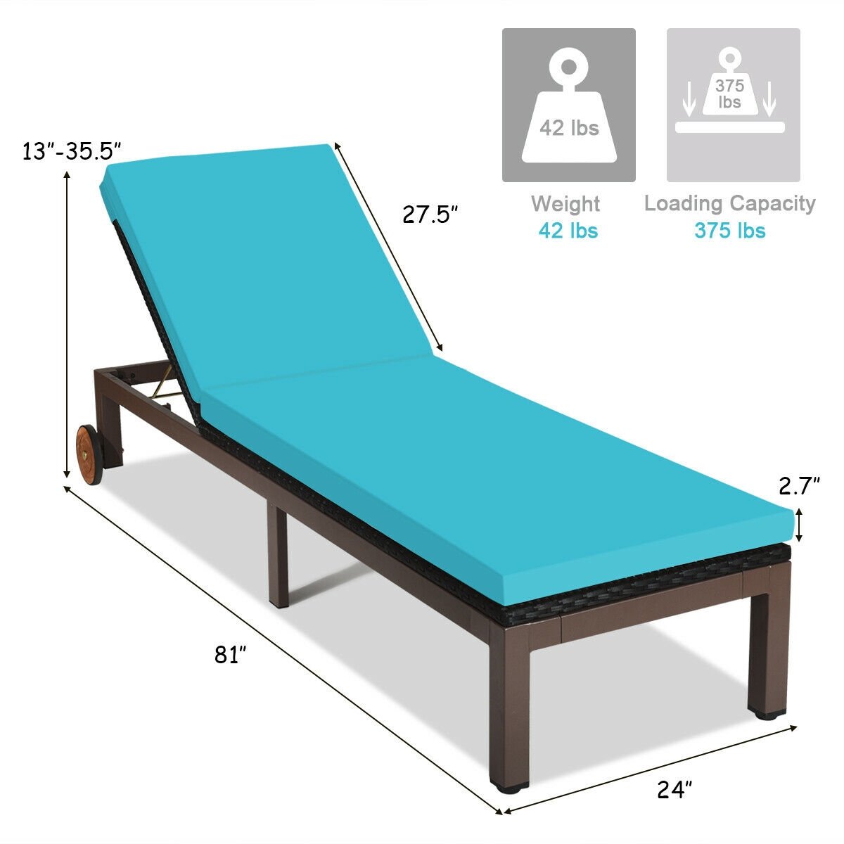Patio Chaise Lounge Chair Outdoor Rattan Lounger Recliner Chair-Turquoise view 4