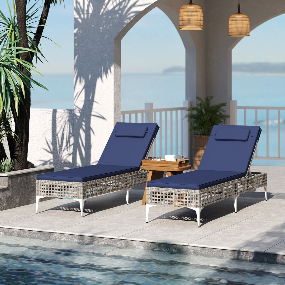 Patio Chaise Lounge Chair with 6-Level Adjustable Backrest and Headrest for Poolside-Navy view 3