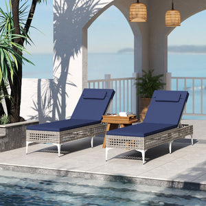 Patio Chaise Lounge Chair with 6-Level Adjustable Backrest and Headrest for Poolside-Navy view 3