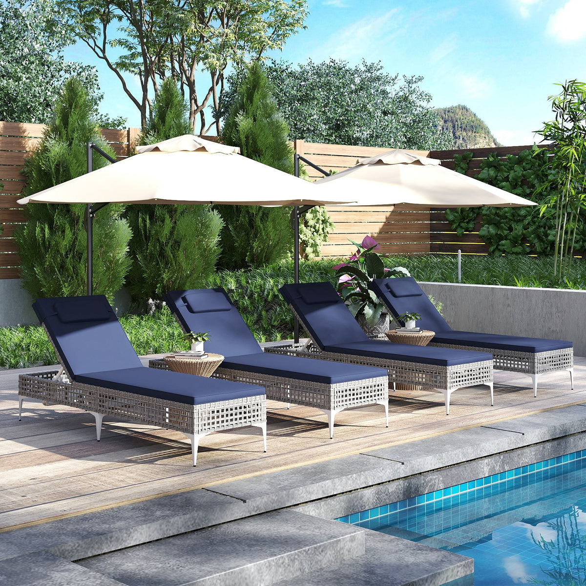 Patio Chaise Lounge Chair with 6-Level Adjustable Backrest and Headrest for Poolside-Navy view 5