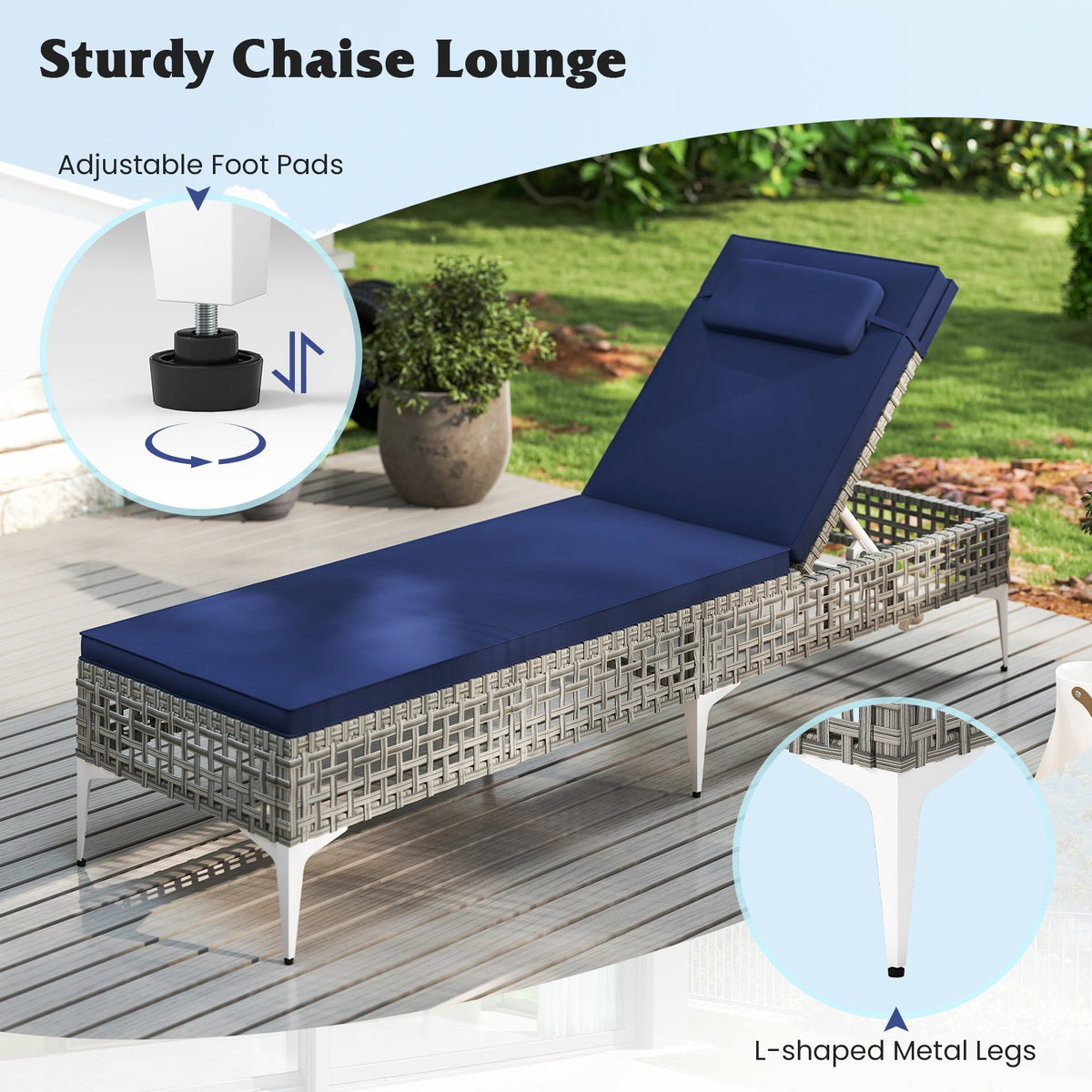 Patio Chaise Lounge Chair with 6-Level Adjustable Backrest and Headrest for Poolside-Navy view 8