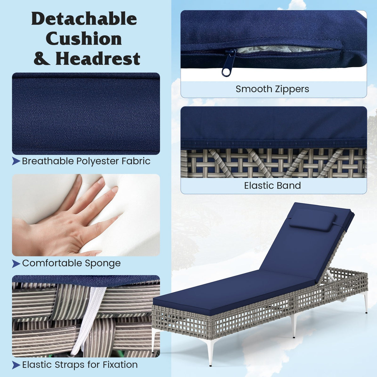 Patio Chaise Lounge Chair with 6-Level Adjustable Backrest and Headrest for Poolside-Navy view 9
