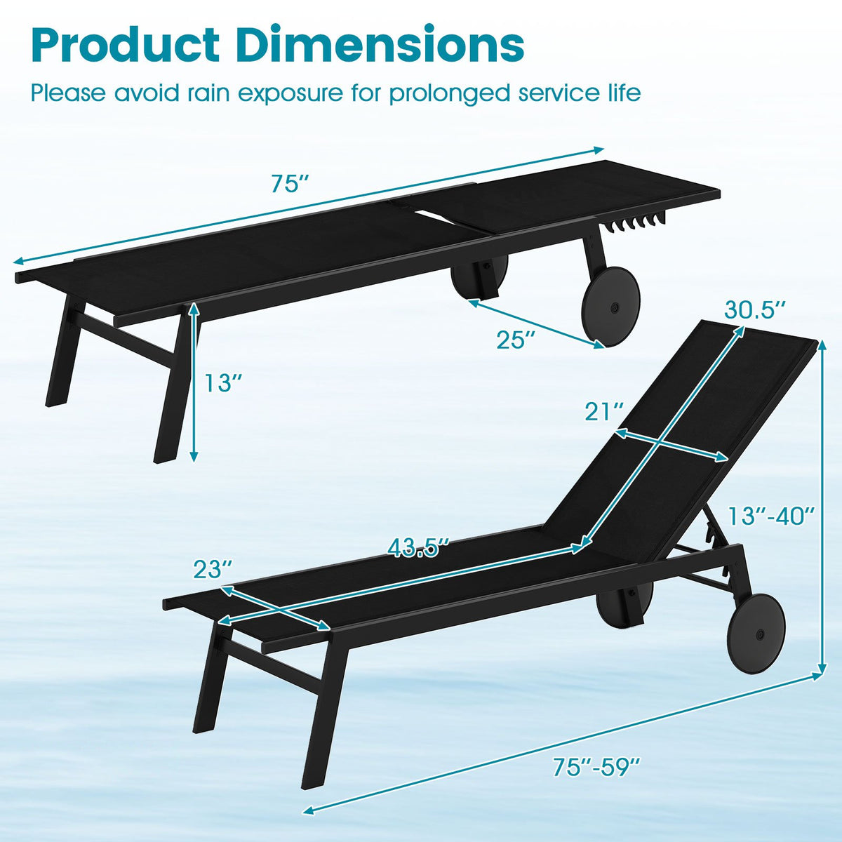 Patio Chaise Lounge Chair with Wheels and 6-Level Adjustable Backrest Set of 1 view 4