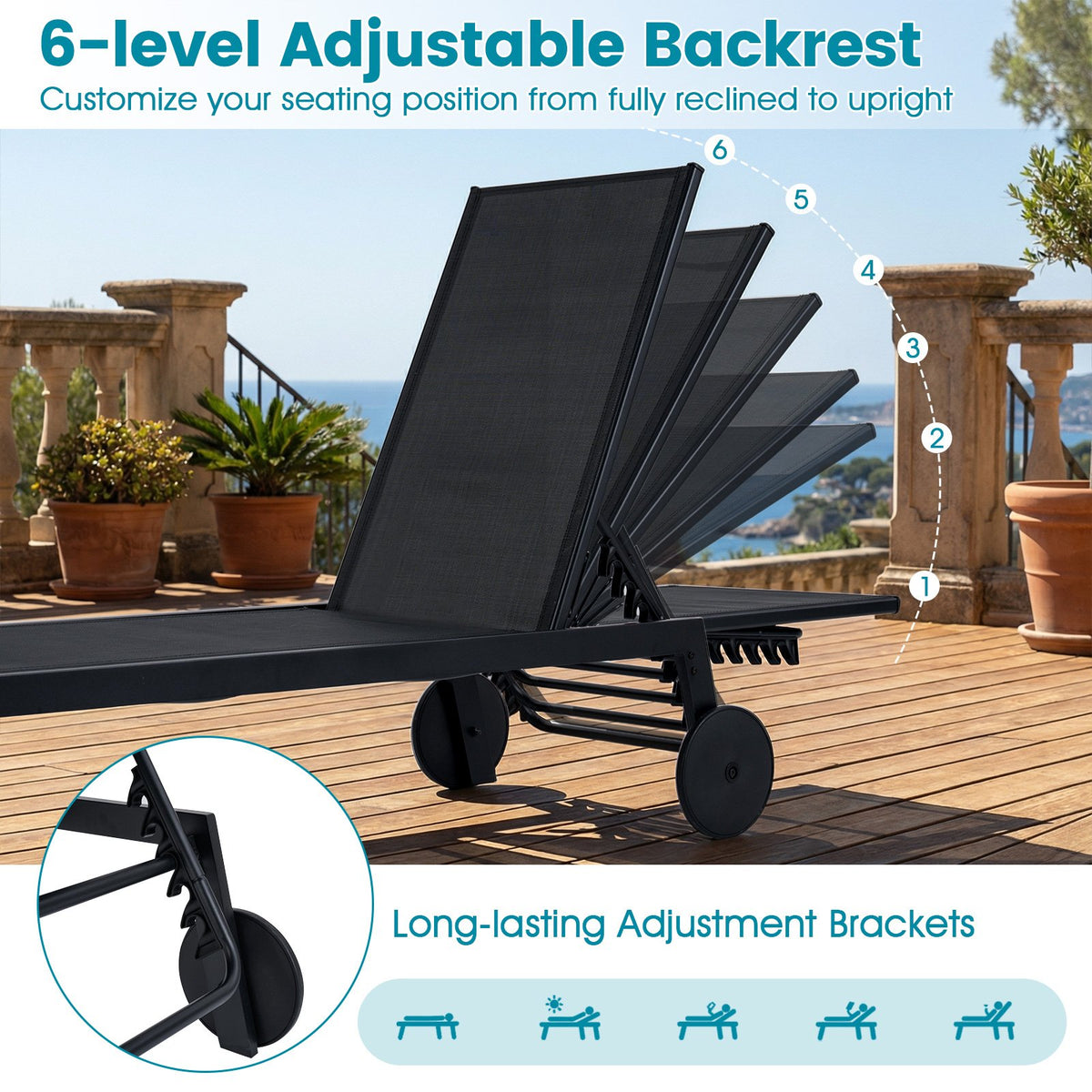 Patio Chaise Lounge Chair with Wheels and 6-Level Adjustable Backrest Set of 1 view 5