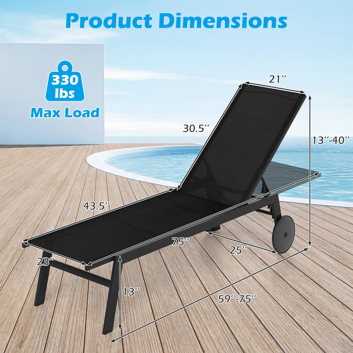Patio Chaise Lounge Chair with Wheels and 6-Level Adjustable Backrest Set of 2 view 4
