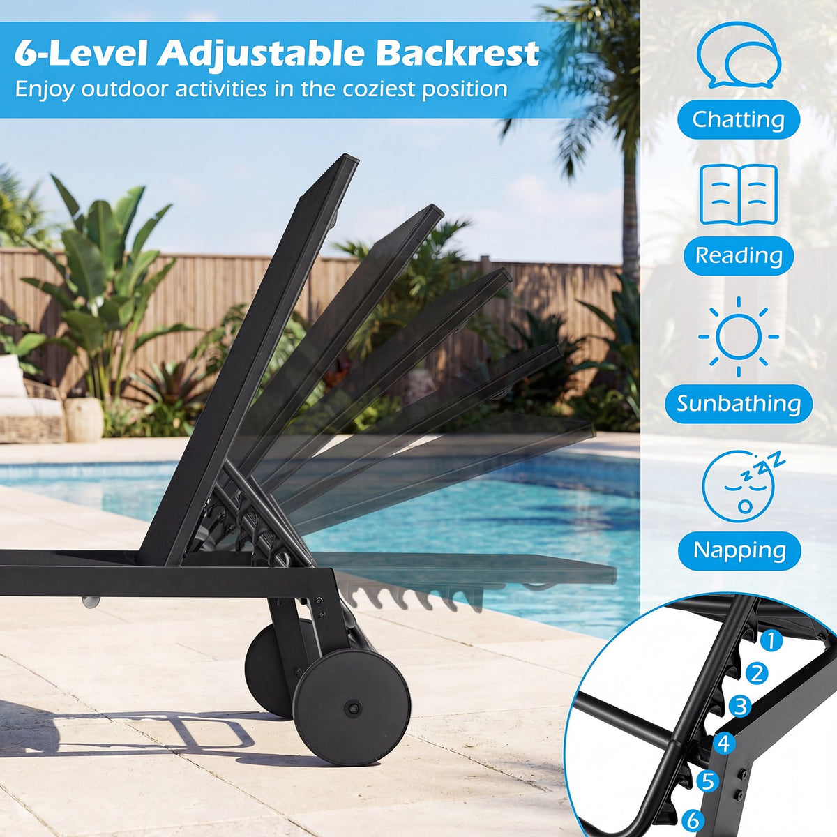 Patio Chaise Lounge Chair with Wheels and 6-Level Adjustable Backrest Set of 2 view 5