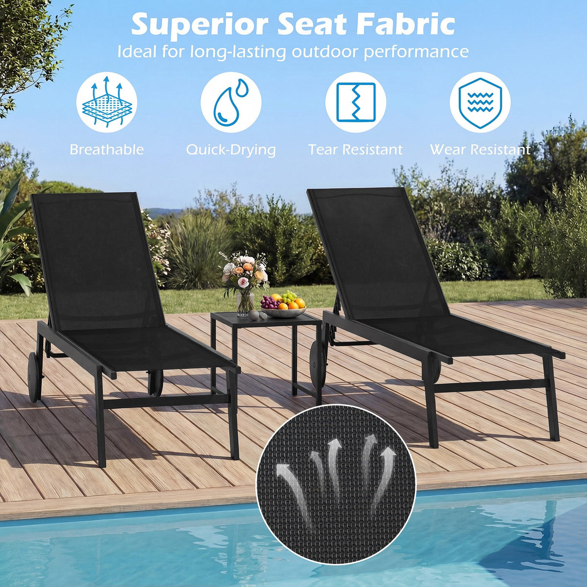 Patio Chaise Lounge Chair with Wheels and 6-Level Adjustable Backrest Set of 2 view 6