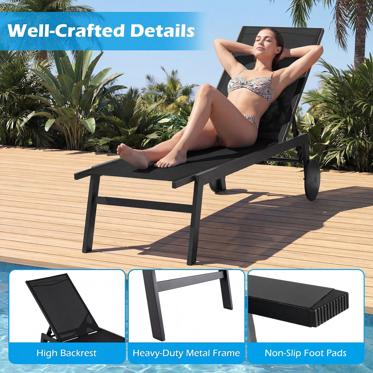 Patio Chaise Lounge Chair with Wheels and 6-Level Adjustable Backrest Set of 2 view 8