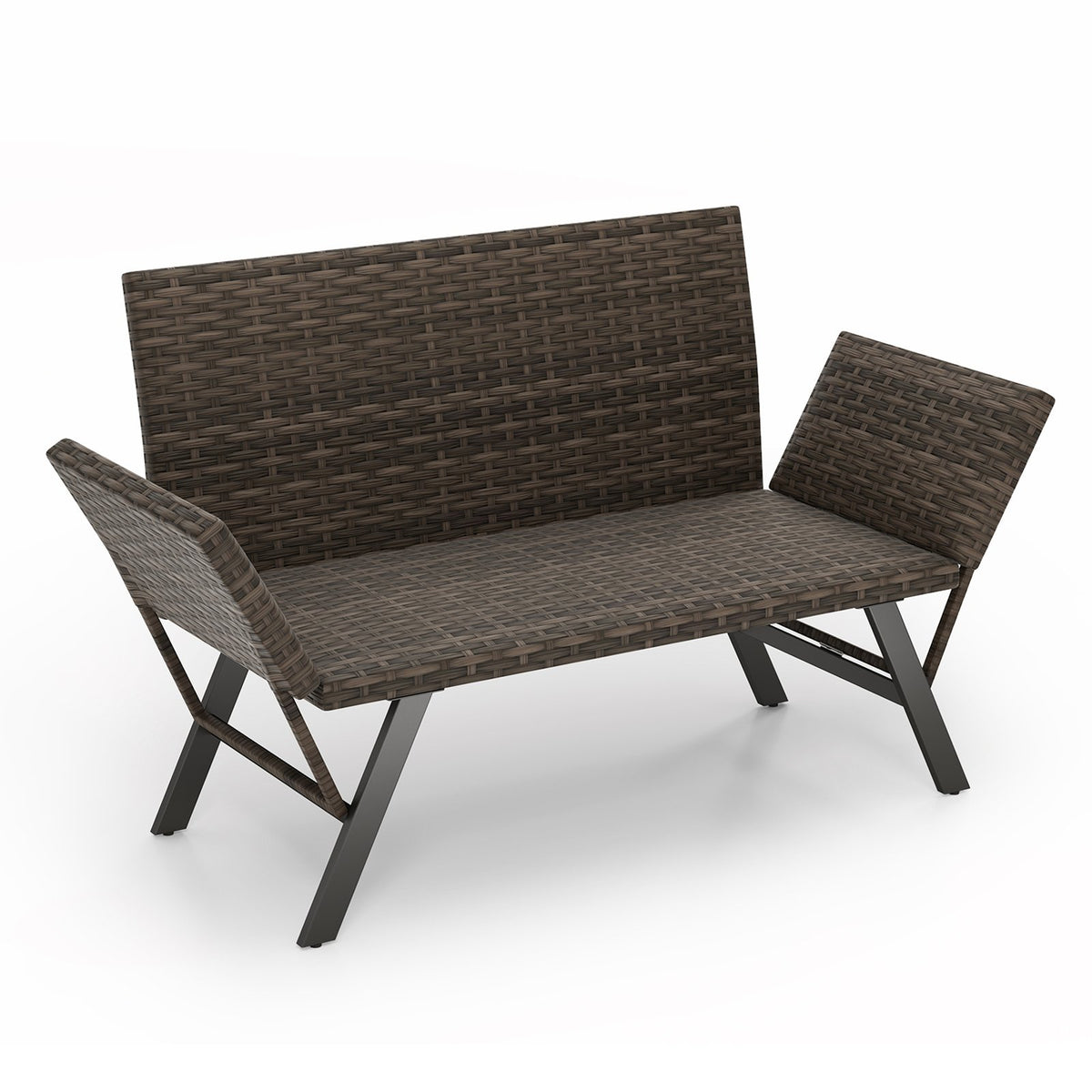 Patio Convertible Sofa for 2 Quick Dry Foam Padded Rattan with Armrests-Gray view 4