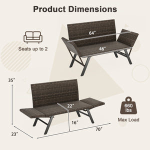 Patio Convertible Sofa for 2 Quick Dry Foam Padded Rattan with Armrests-Gray view 5