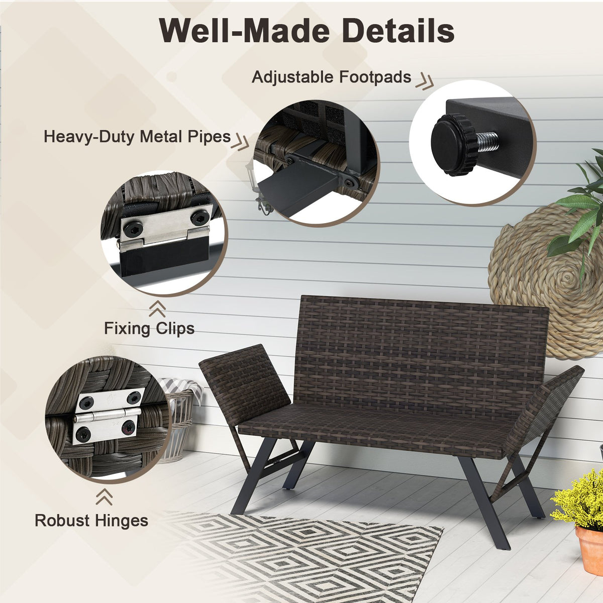 Patio Convertible Sofa for 2 Quick Dry Foam Padded Rattan with Armrests-Gray view 7