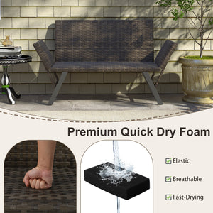 Patio Convertible Sofa for 2 Quick Dry Foam Padded Rattan with Armrests-Gray view 8