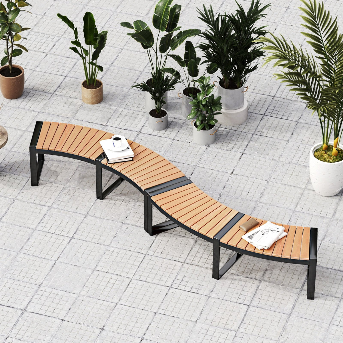 Patio Curved Bench with Slatted Seat and Metal Legs-2 Pieces view 2