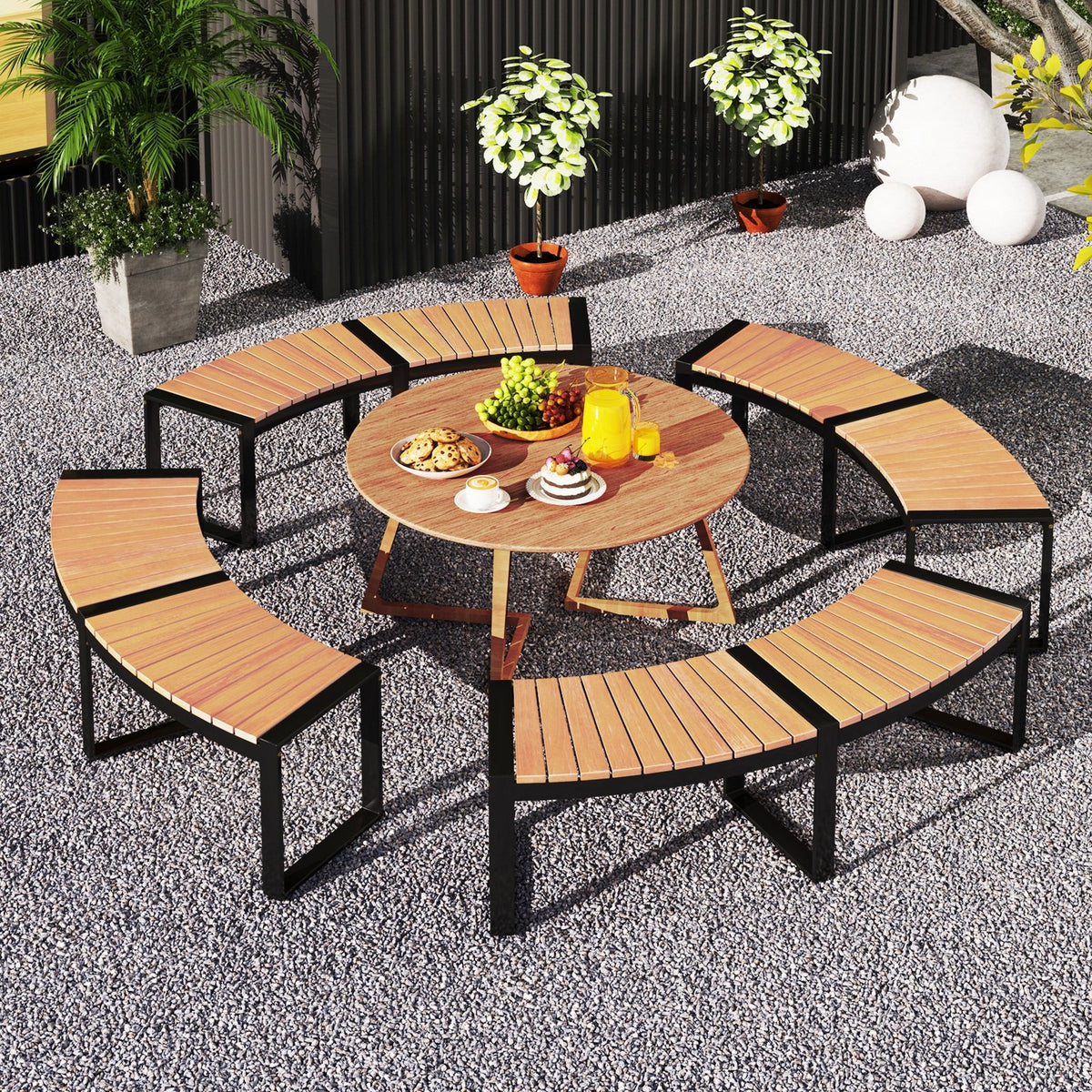 Patio Curved Bench with Slatted Seat and Metal Legs-2 Pieces view 3