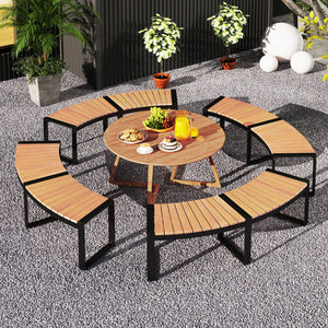 Patio Curved Bench with Slatted Seat and Metal Legs-2 Pieces view 3