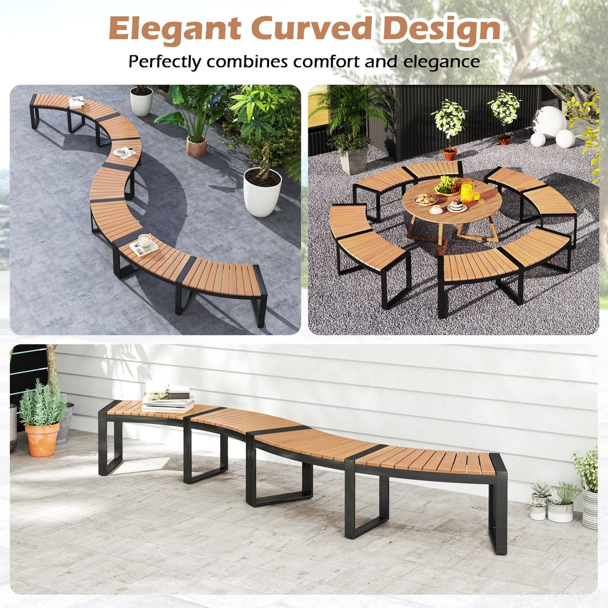 Patio Curved Bench with Slatted Seat and Metal Legs-2 Pieces view 7