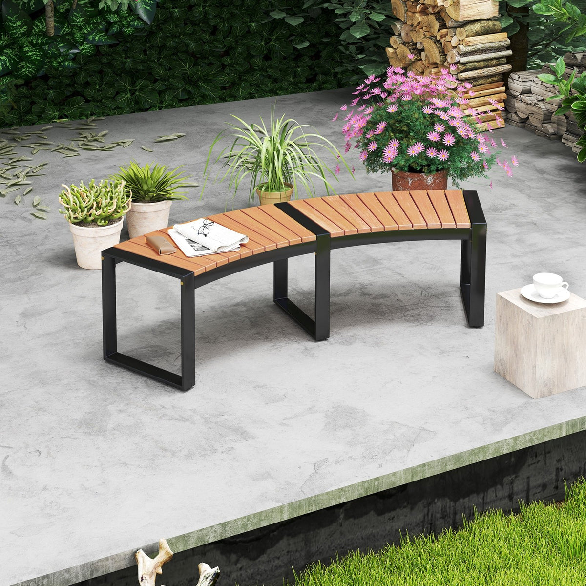 Patio Curved Bench with Slatted Seat and Metal Legs-2 Pieces view 9