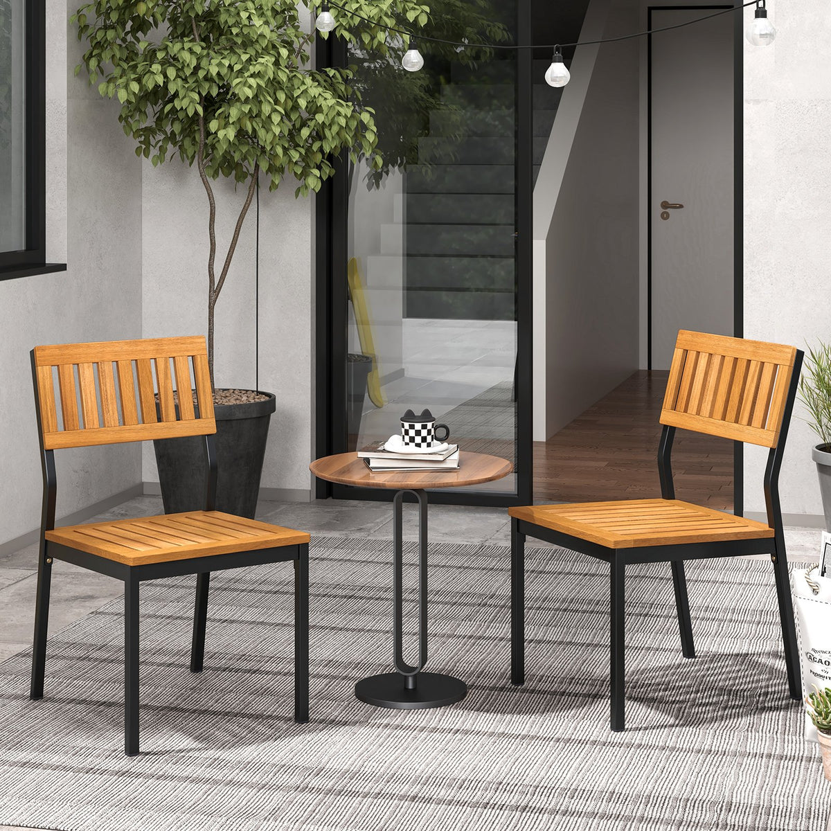Patio Dining Chair Set of 2 with Metal and Acacia Wood Frame view 2
