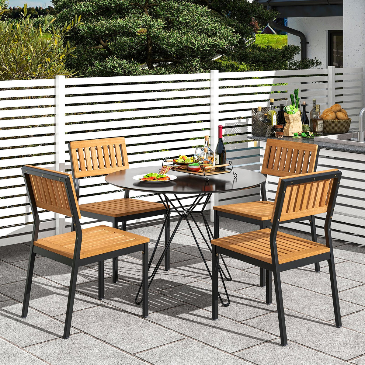 Patio Dining Chair Set of 2 with Metal and Acacia Wood Frame view 3
