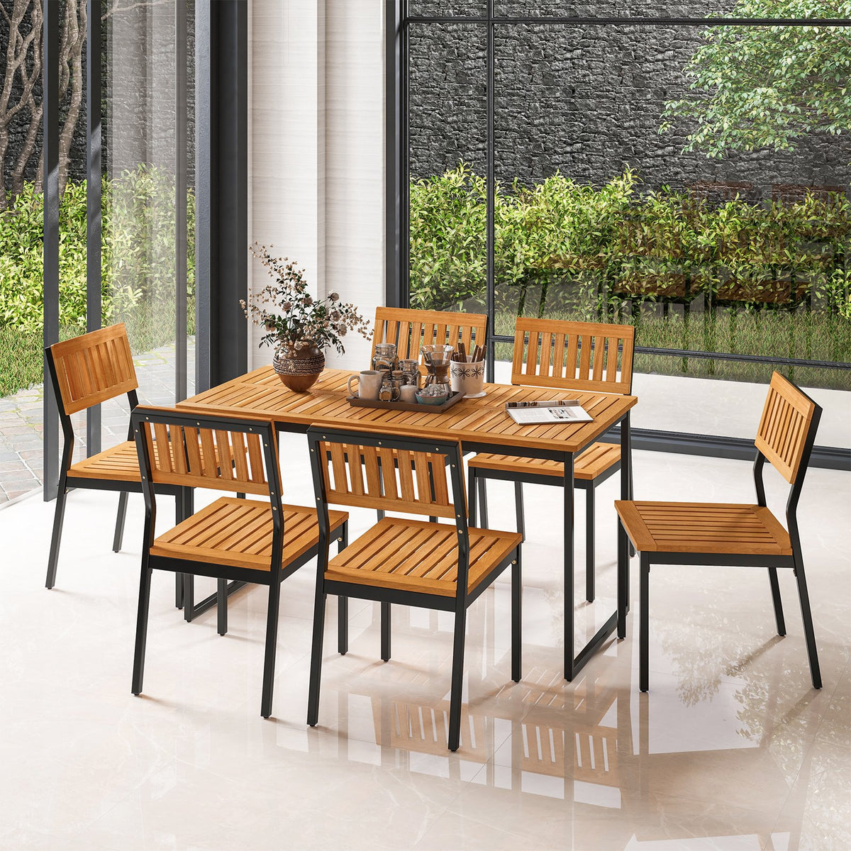 Patio Dining Chair Set of 2 with Metal and Acacia Wood Frame view 6