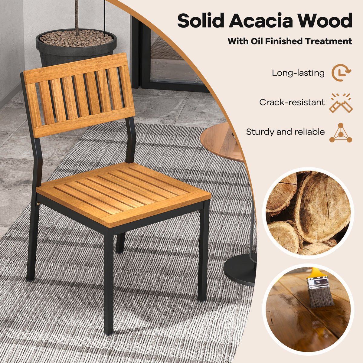 Patio Dining Chair Set of 2 with Metal and Acacia Wood Frame view 7
