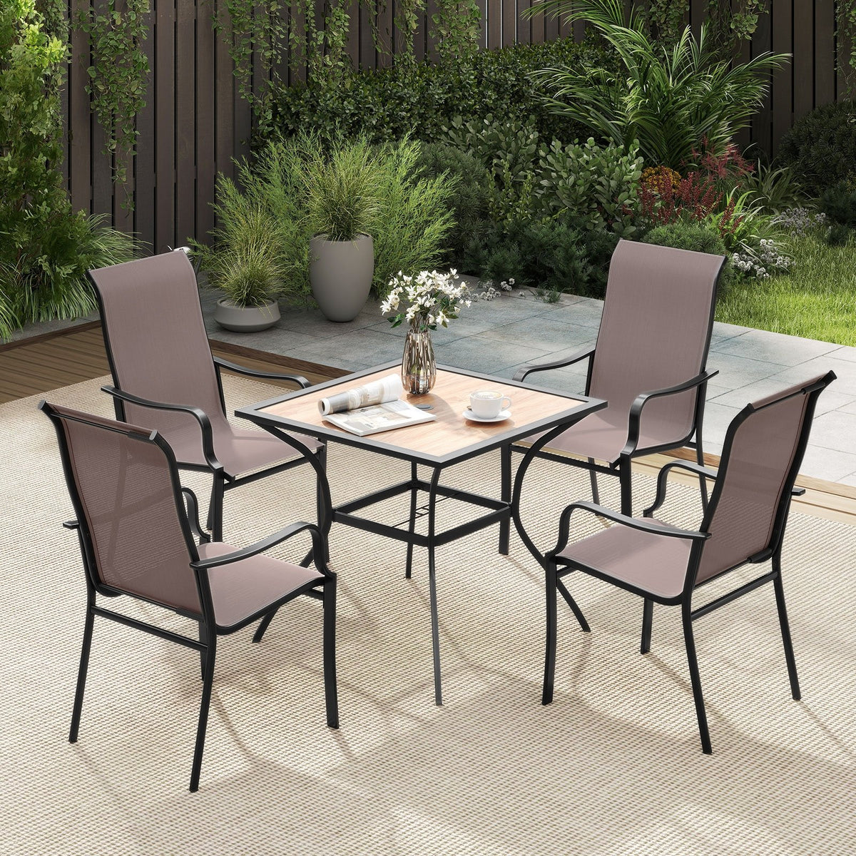 Patio Dining Chair Set of 2 with Wide Seat and Heavy-Duty Metal Frame-Brown view 3