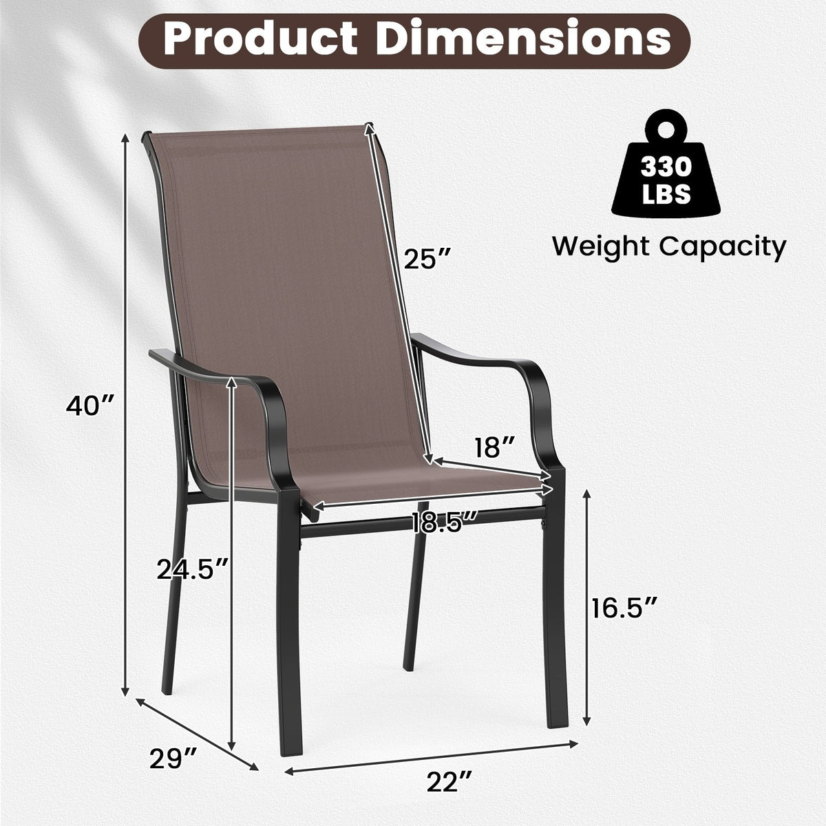 Patio Dining Chair Set of 2 with Wide Seat and Heavy-Duty Metal Frame-Brown view 4