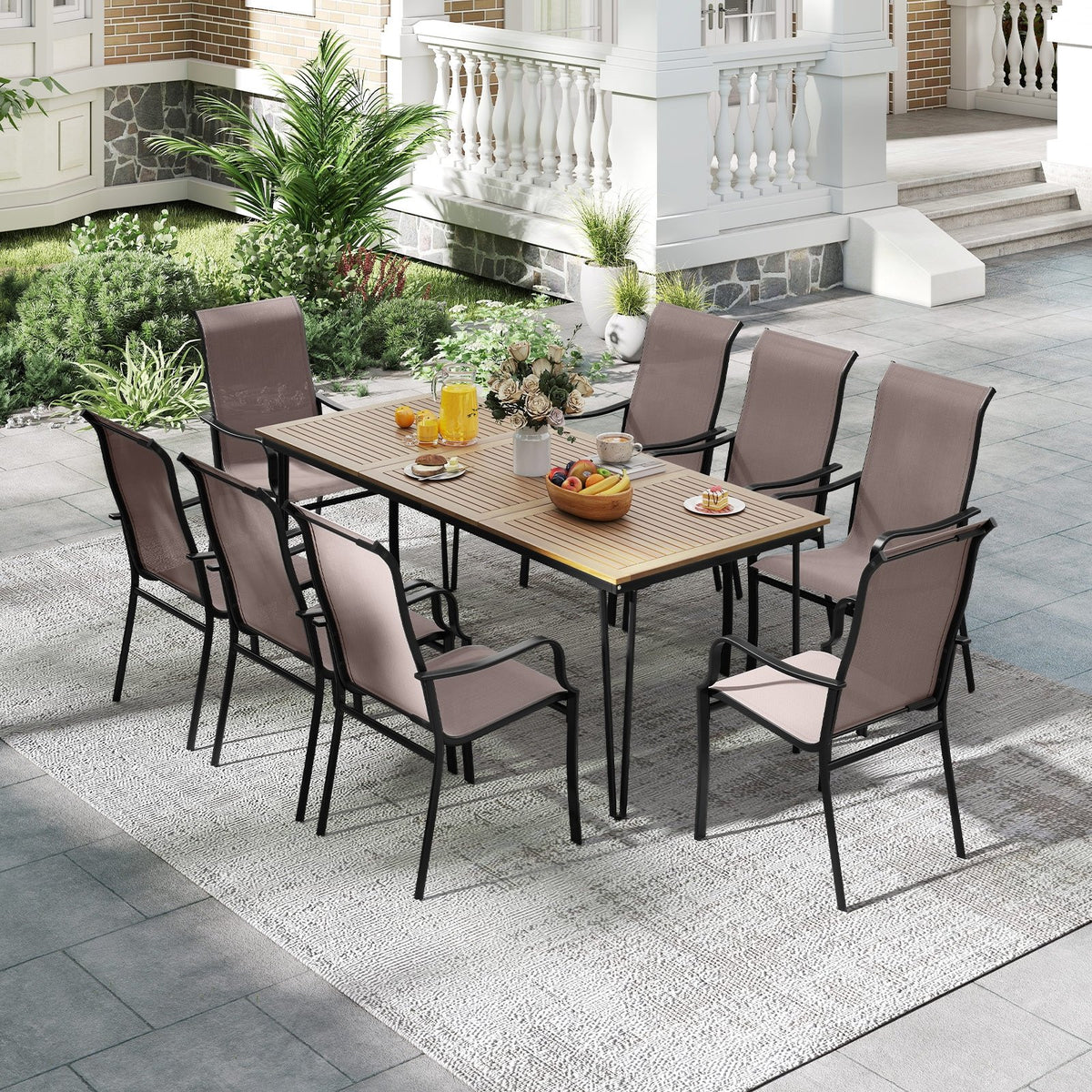 Patio Dining Chair Set of 2 with Wide Seat and Heavy-Duty Metal Frame-Brown view 6