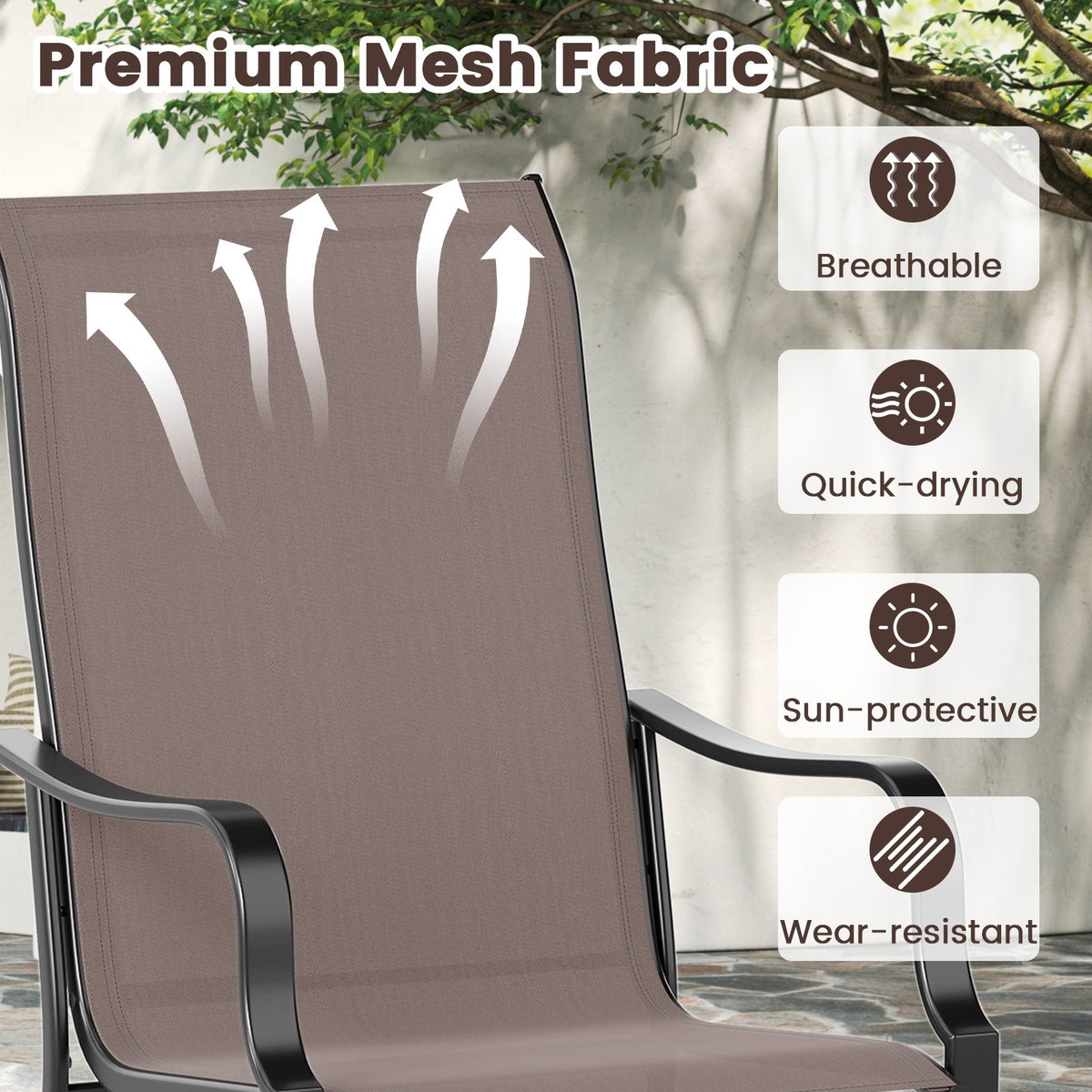 Patio Dining Chair Set of 2 with Wide Seat and Heavy-Duty Metal Frame-Brown view 7