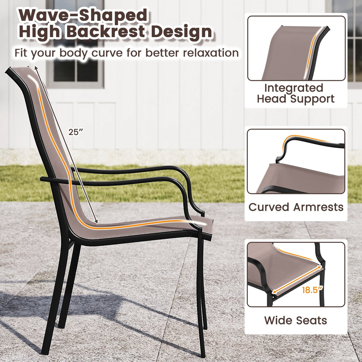 Patio Dining Chair Set of 2 with Wide Seat and Heavy-Duty Metal Frame-Brown view 8