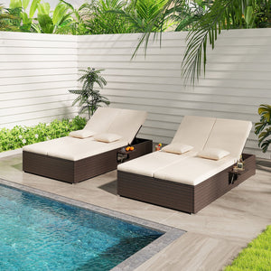 Patio Double Chaise Lounge with Cushions and Folding Side Trays-Beige view 2