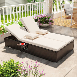 Patio Double Chaise Lounge with Cushions and Folding Side Trays-Beige view 3