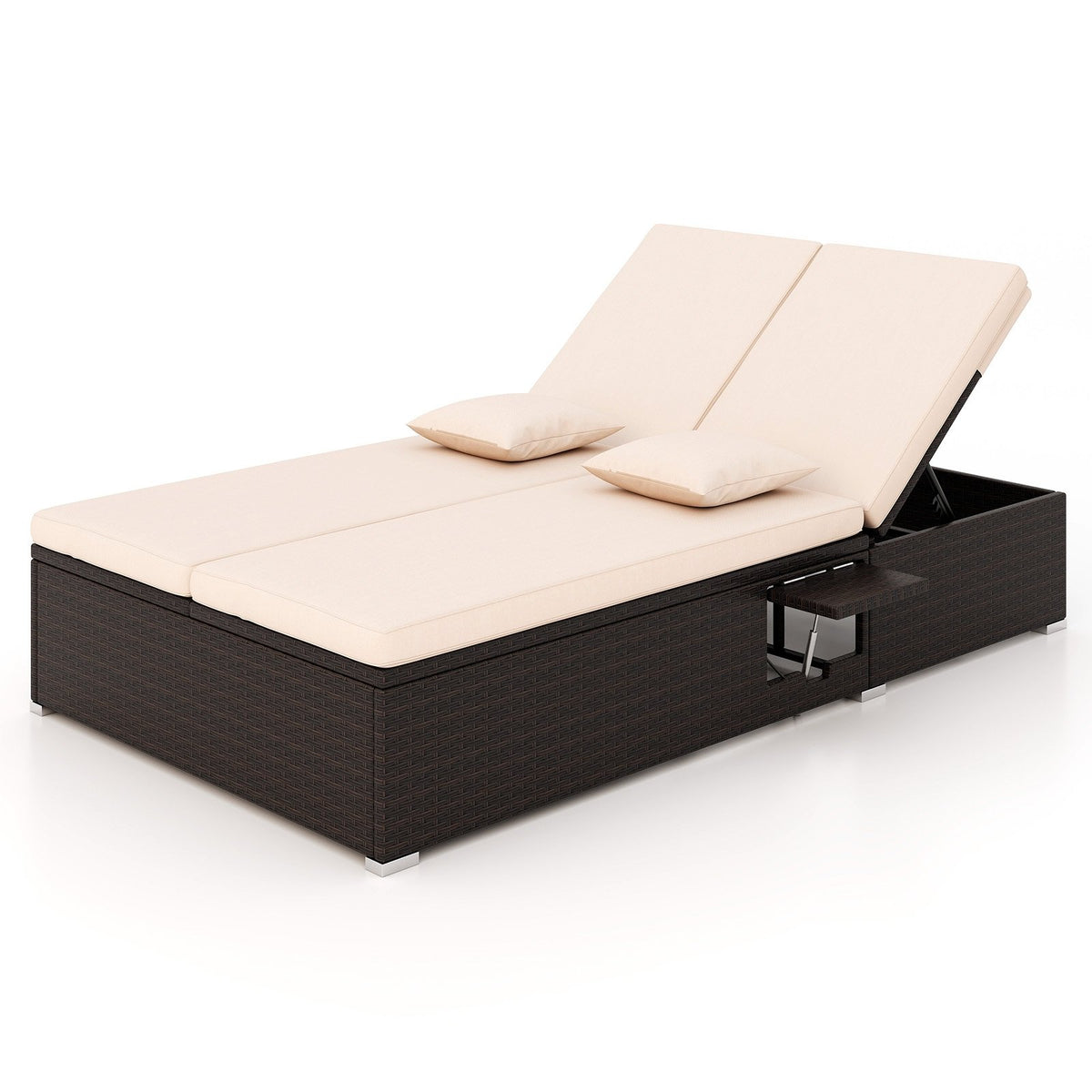 Patio Double Chaise Lounge with Cushions and Folding Side Trays-Beige view 4