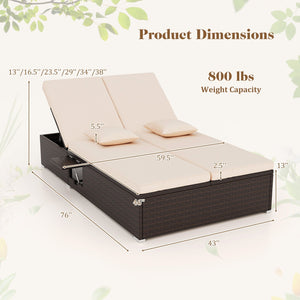 Patio Double Chaise Lounge with Cushions and Folding Side Trays-Beige view 5