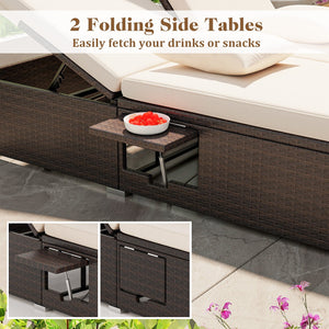 Patio Double Chaise Lounge with Cushions and Folding Side Trays-Beige view 6