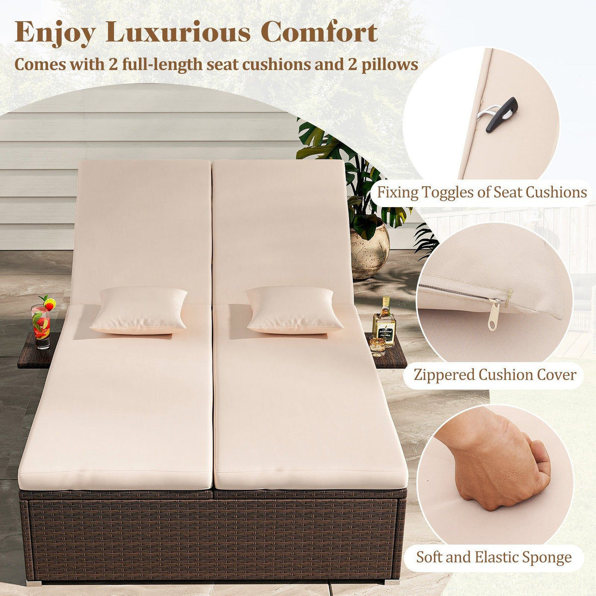 Patio Double Chaise Lounge with Cushions and Folding Side Trays-Beige view 7