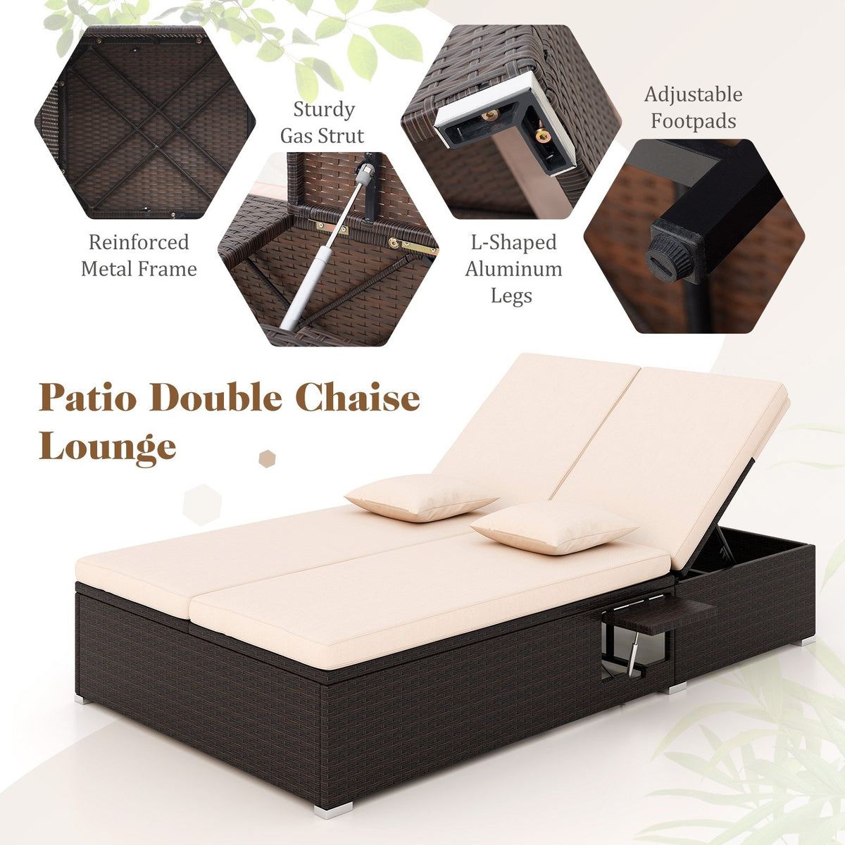 Patio Double Chaise Lounge with Cushions and Folding Side Trays-Beige view 8
