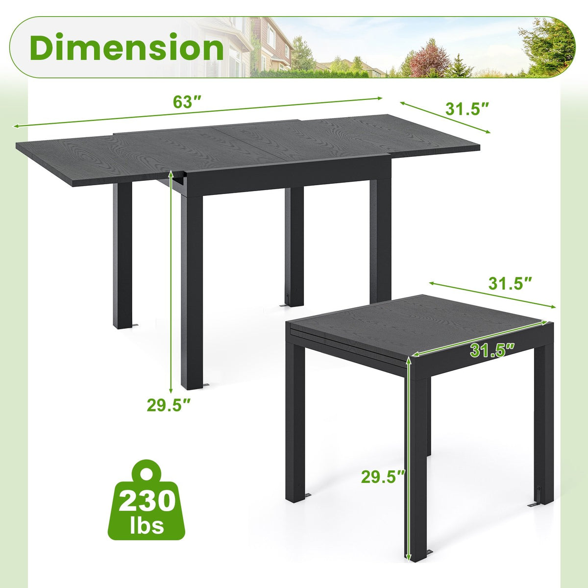 31.5 inches-63 inches Adjustable Patio Expandable Dining Table for 4-6 Person-Gray view 5