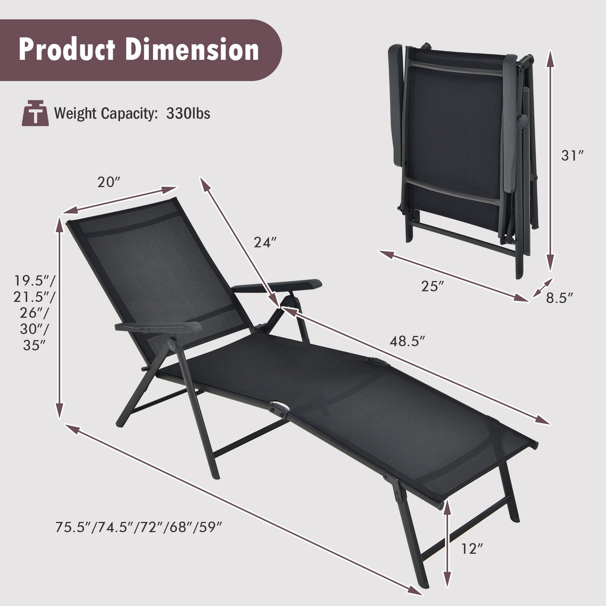 Patio Foldable Chaise Lounge Chair with Backrest and Footrest-Black view 5