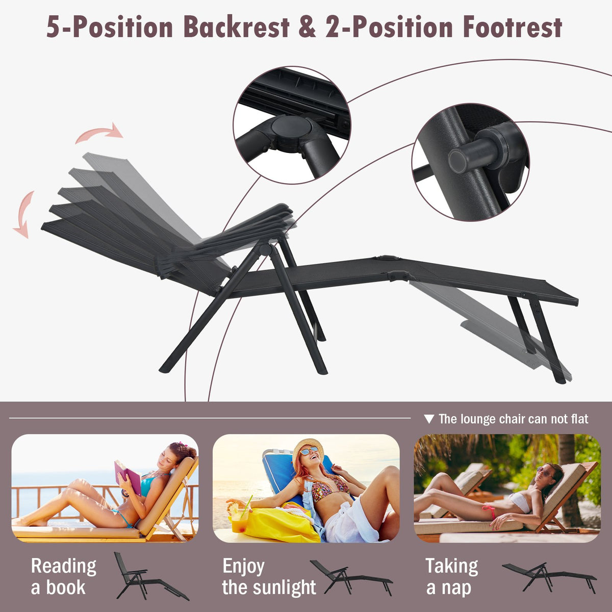Patio Foldable Chaise Lounge Chair with Backrest and Footrest-Black view 6