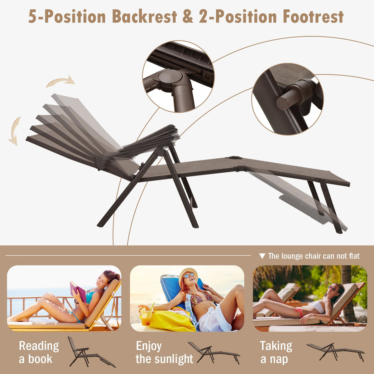 Patio Foldable Chaise Lounge Chair with Backrest and Footrest-Brown view 3