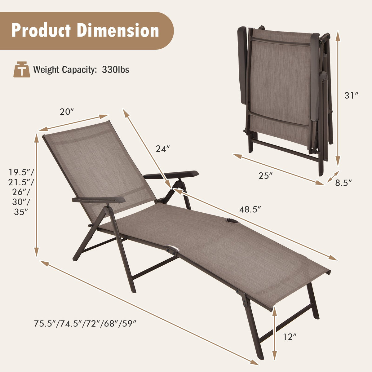 Patio Foldable Chaise Lounge Chair with Backrest and Footrest-Brown view 4